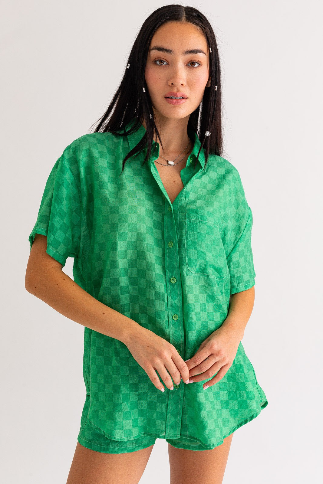 Lessie Oversized Short Sleeve Button Down Top