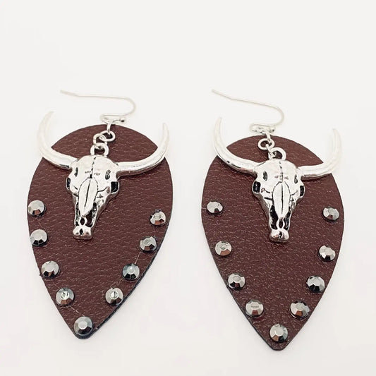 Metal Bull Head Leather Earring