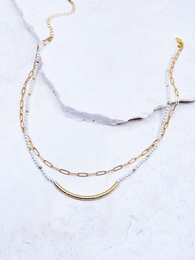 2 Layered Pearl & Paperclip Gold Arch Necklace