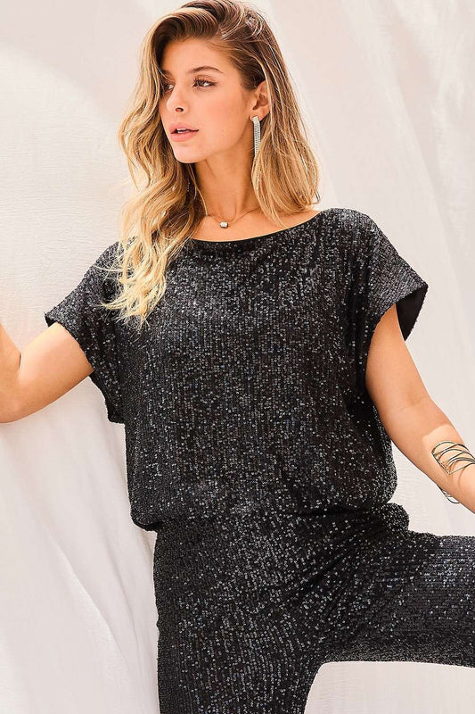 Glitz Boat Neck Short Sleeve Sequin Top