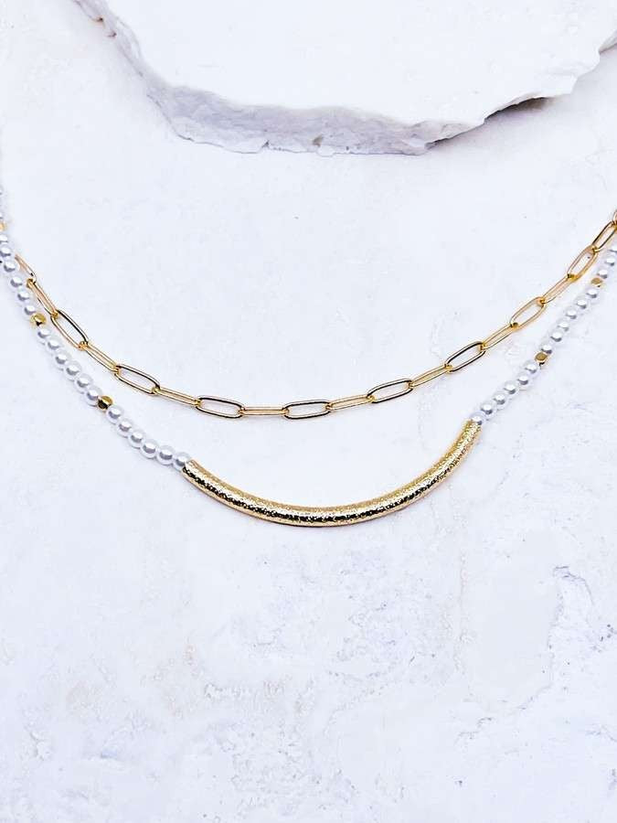 2 Layered Pearl & Paperclip Gold Arch Necklace