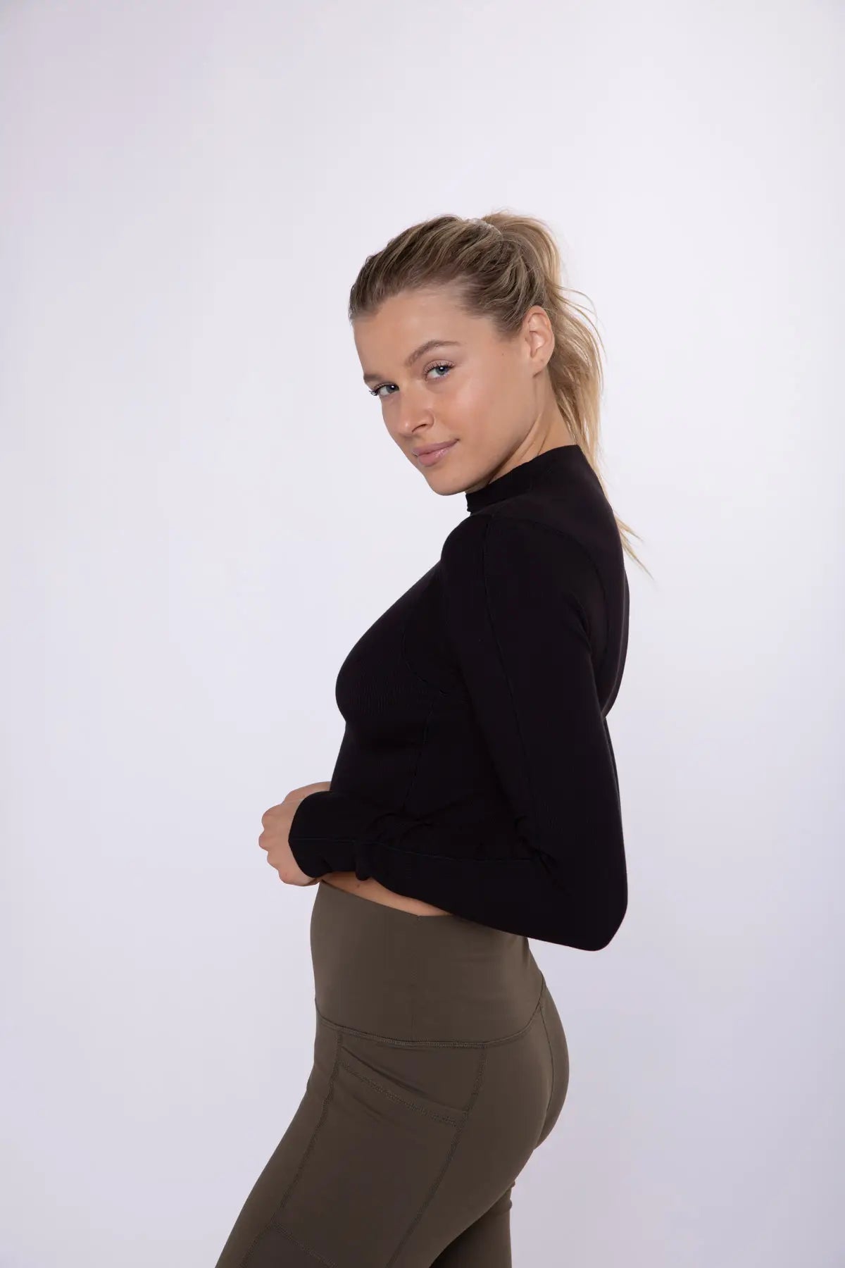 Mock Neck Ribbed Cropped Long Sleeve Top