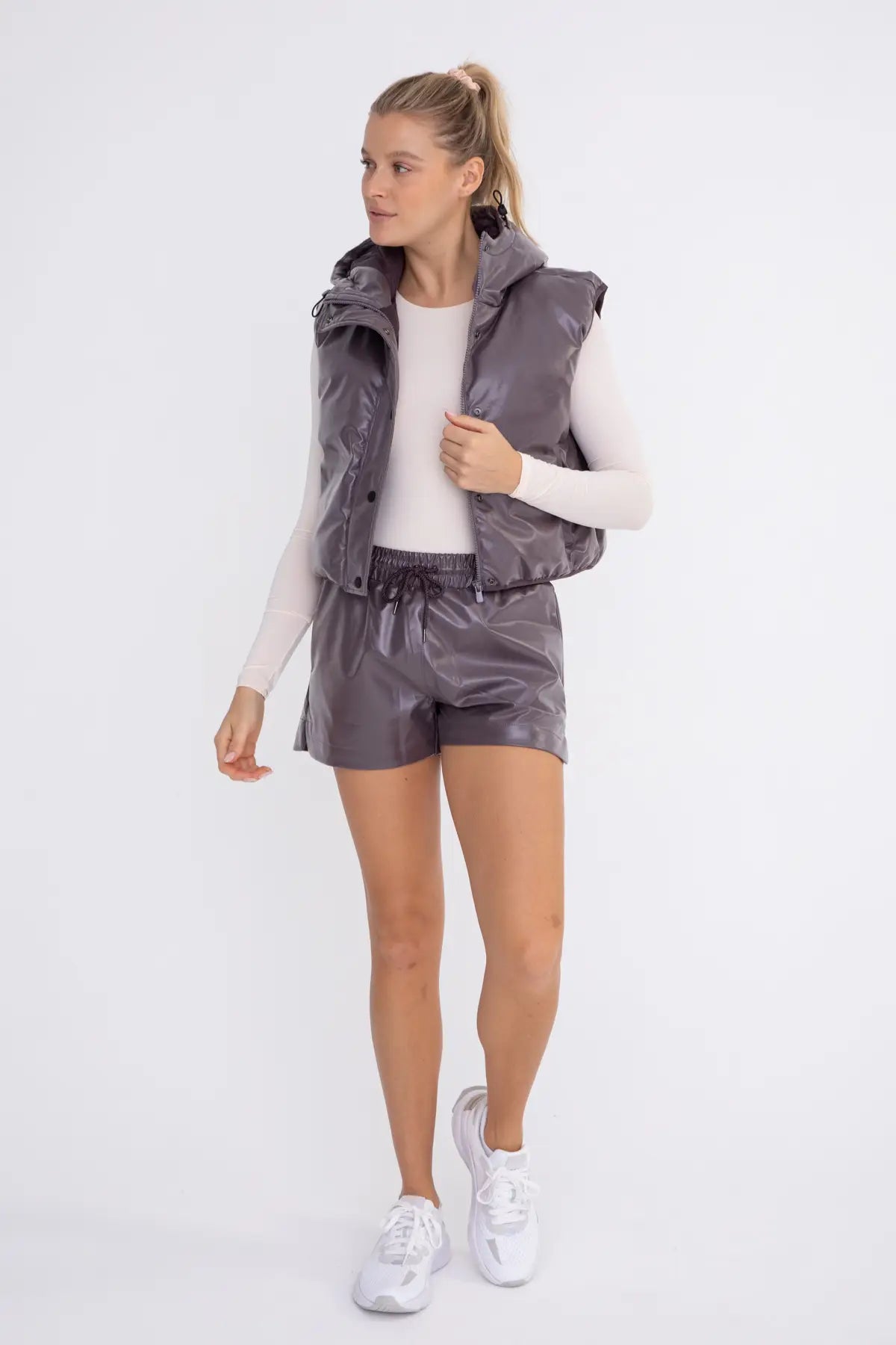 Leather-Like Hooded Puff Vest