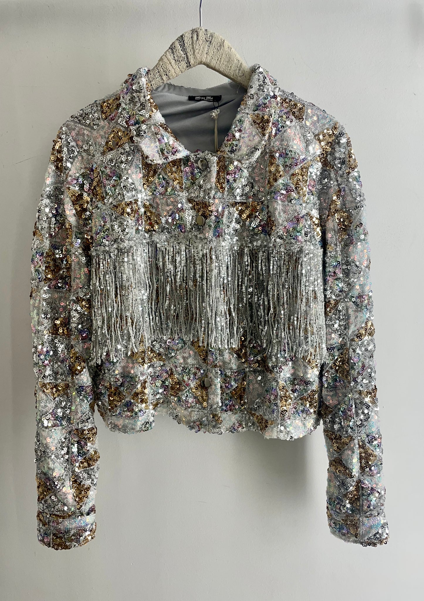 Miss Me Sequin Crop Fringe Jacket