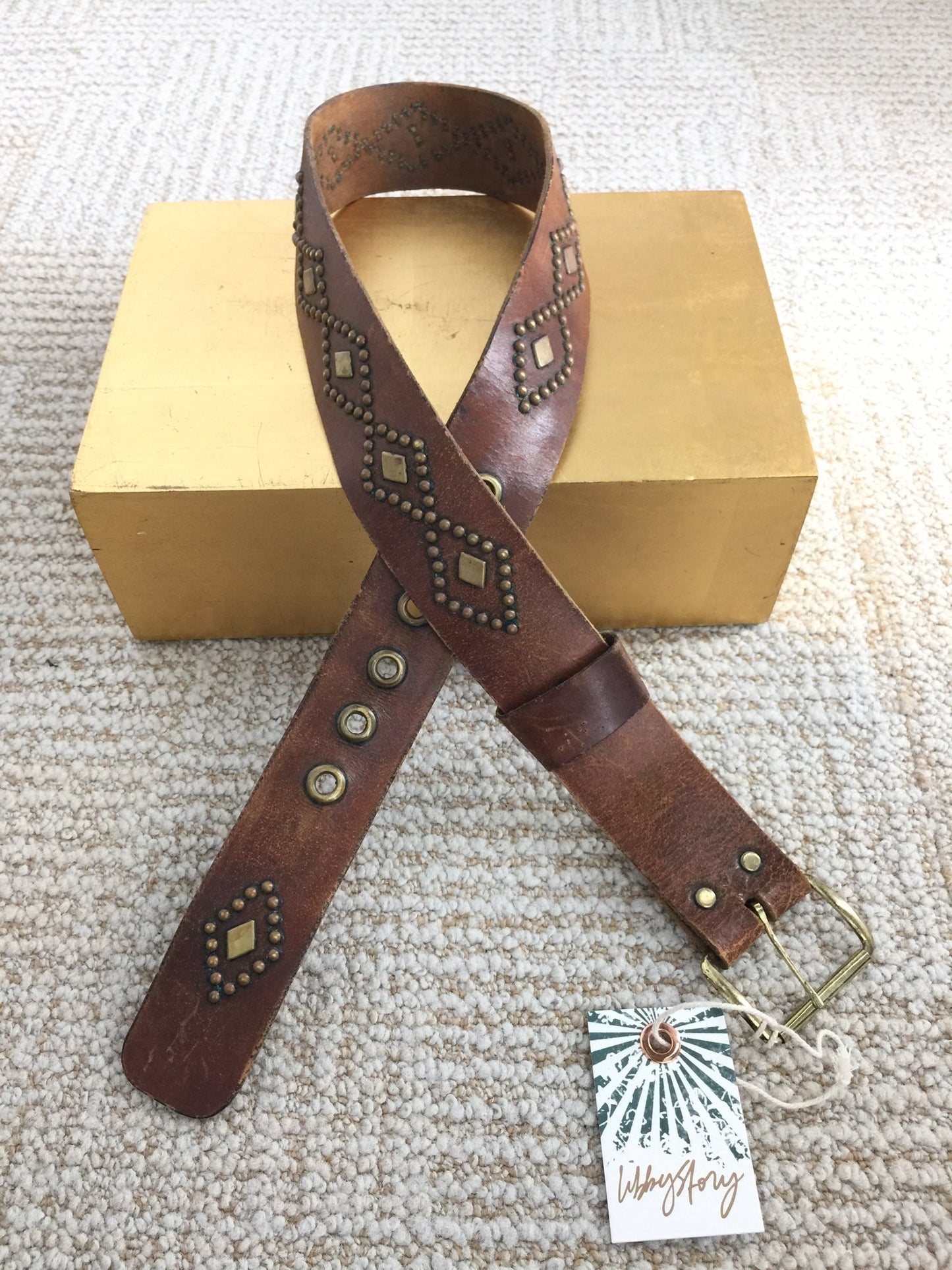 LS Brown Diamond Stud Leather Belt