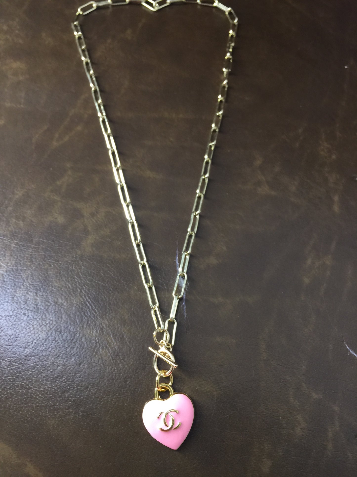 LS Upcycled Pink Heart CC Toggle Necklace