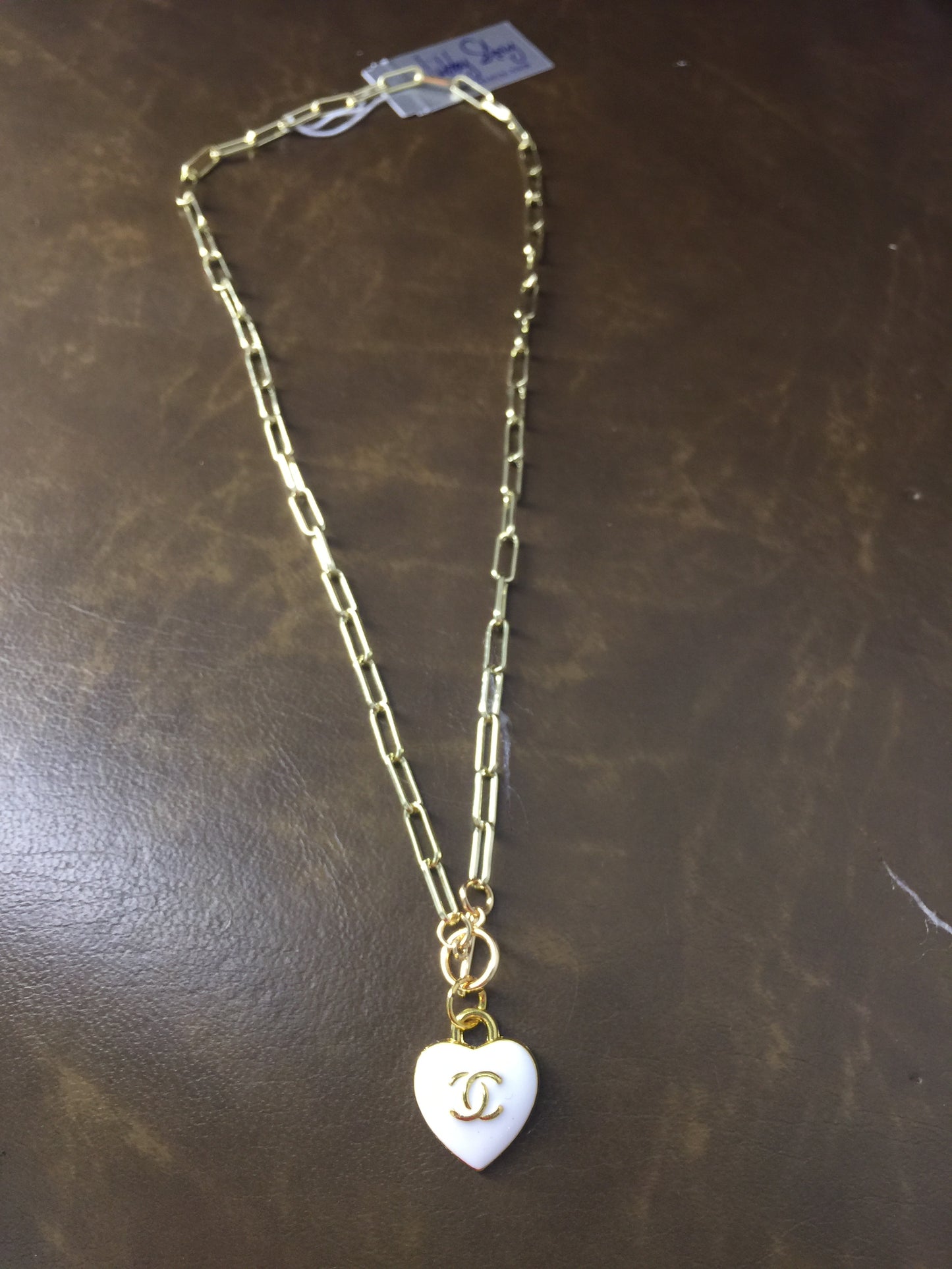 LS Upcycled White Heart CC Toggle Necklace