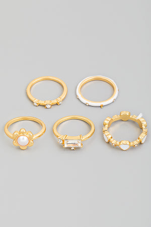 Pearl Flower Heart Ring Set