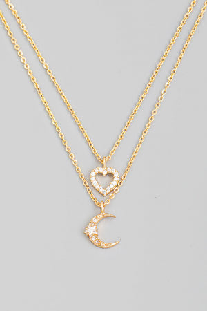 Rhinestone Layered Heart Moon Necklace
