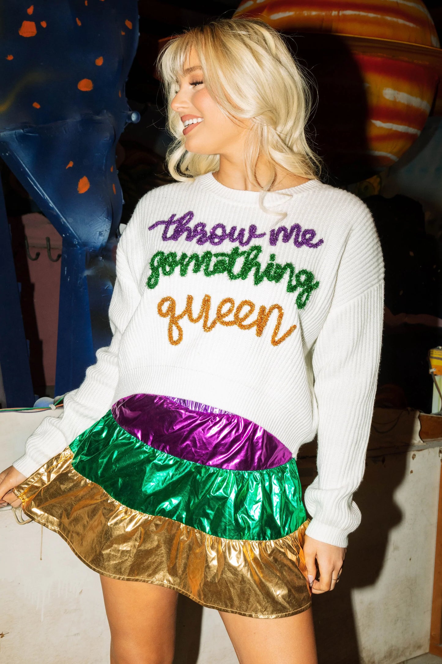 Queen of Sparkles Throw Me Something Queen Sweater
