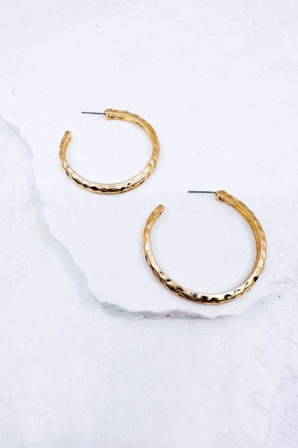 Worn Gold Plated Hammered Open Hoop Earring