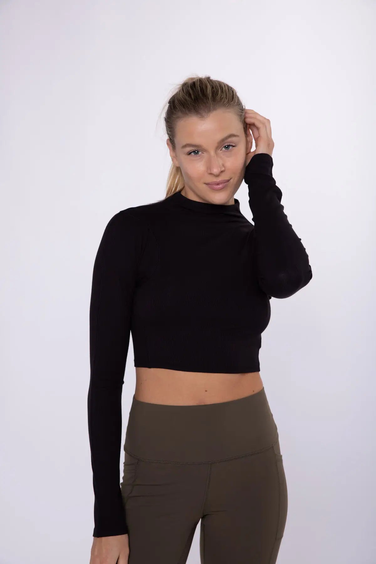 Mock Neck Ribbed Cropped Long Sleeve Top