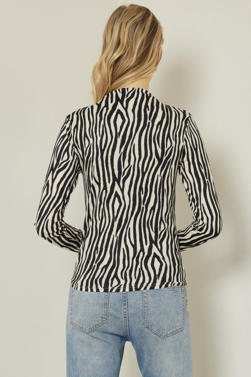 Zebra Print Mock Neck Long Sleeve Top