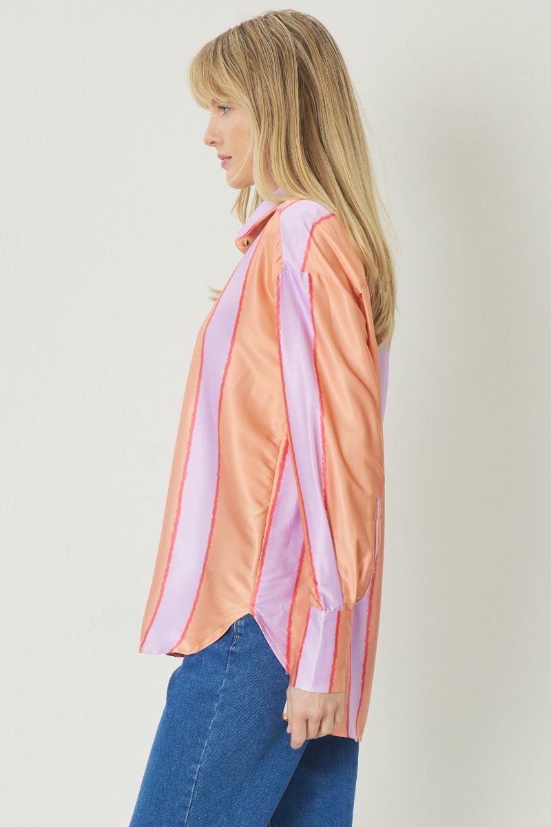 Ivanna Satin Striped Button Up Long Sleeve Top