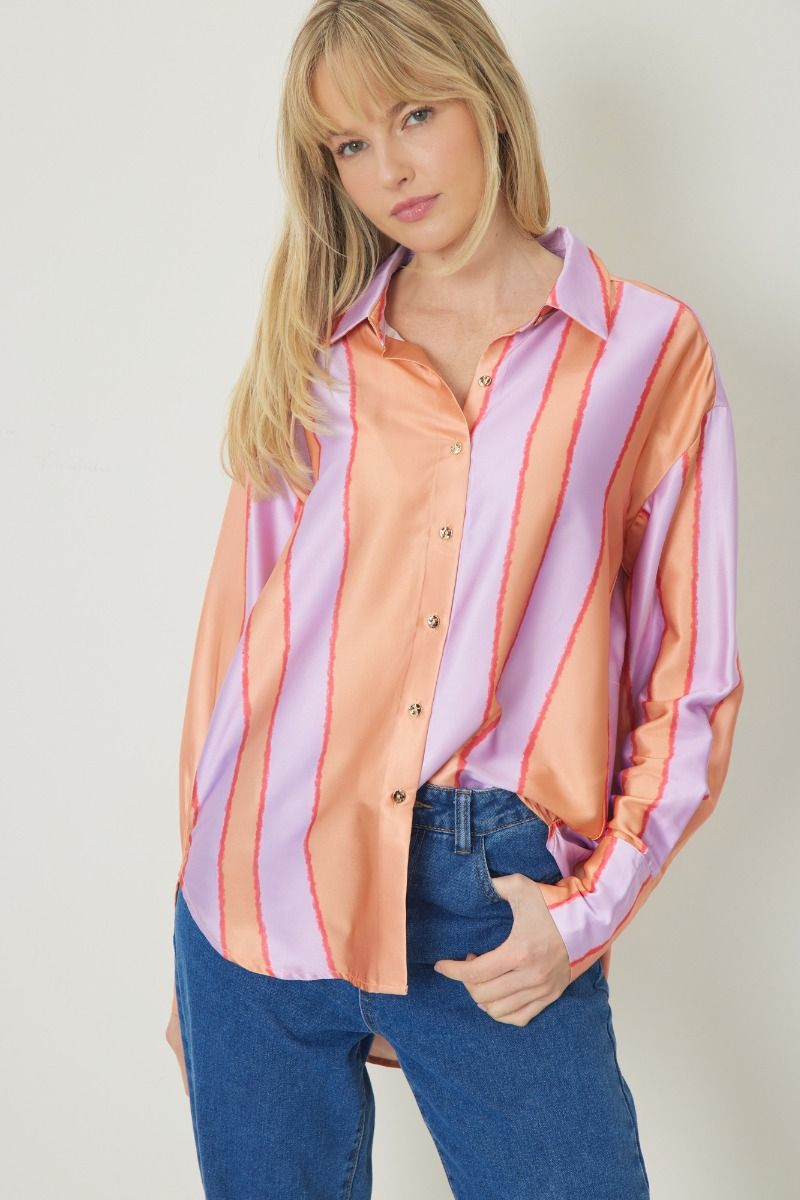 Ivanna Satin Striped Button Up Long Sleeve Top