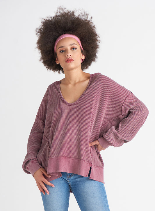 Dex Tory V-Neck Thermal Waffle Top